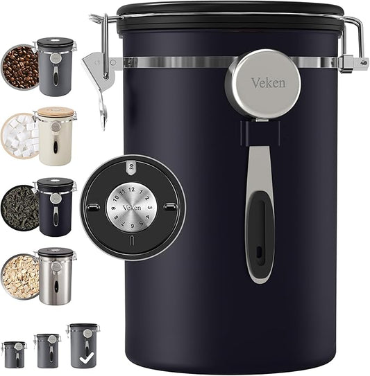 Veken Coffee Canister, 39OZ Large Christmas Coffee Lovers Gift Basket Set,Airtight Stainless Steel Food Storage Kitchen Container Gifts for 2.2lbs Beans, Ground, Sugar, Tea, Flour, Cereal,Scoop,Black