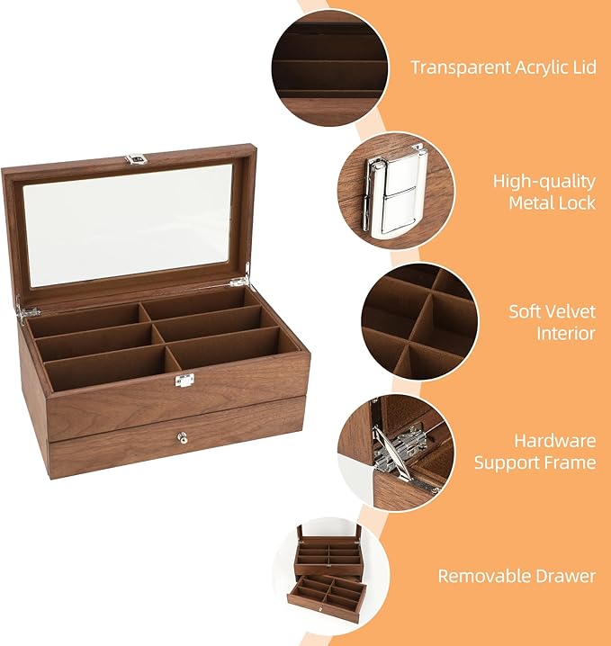 BAOJULONG Wooden Sunglasses Organizer Box, Eyewear Display Eyeglass Case, Glasses Storage Box Sunglass Holder Gifts