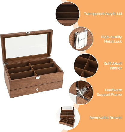 BAOJULONG Wooden Sunglasses Organizer Box, Eyewear Display Eyeglass Case, Glasses Storage Box Sunglass Holder Gifts