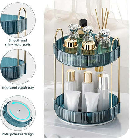 INVSSENE 360° Rotating Makeup Organizer, Bathroom Organizers and Storage Holder Rack, Large Capacity Vanity Shelf Countertop, Fits Cosmetics, Perfume, Skin Care(Blue, 2 Tiers)