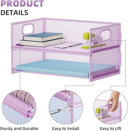 Marbrasse 2 Tier Paper Organizer Letter Tray, Mesh File Organizer with Handle, Paper Sorter Desk Organizer for Home Office Supplies - 2P Purple