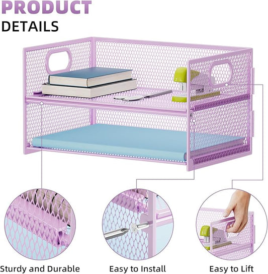 Marbrasse 2 Tier Paper Organizer Letter Tray, Mesh File Organizer with Handle, Paper Sorter Desk Organizer for Home Office Supplies - 2P Purple