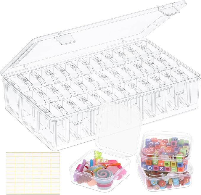 OUTUXED Bead Organizer Box, 36Pcs Small Clear Plastic Bead Storage, Mini Craft Storage Containers Boxes with Hinged Lid and Labels for Bracelets, Making DIY Jewelry Craft Nail, Screws, Seeds