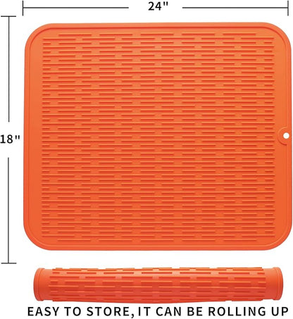 Silicone Dish Drying Mat for Multiple Usage,Easy clean,Eco-friendly,Heat-resistant Silicone Mat for Kitchen Counter or Sink,Refrigerator or Drawer Liner Orange 2XL 24 inches x 18 inches
