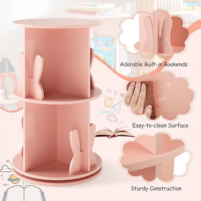 Costzon Kids Rotating Bookshelf, 2 Tier Small Book Shelf with Bookends, 360° Display Spinning Bookshelf Tower, Corner Bookshelf for Small Space, Kids Room, Bedroom, Nursery (Pink)