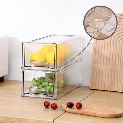 2 Pack Clear Stackable Refrigerator Organizers and Storage Drawers - Pull-Out Fridge Bins with Anti-Slip Base & Easy Clean, Plastic Organizers for Kitchen Pantry Cabinet Closet (Medium)