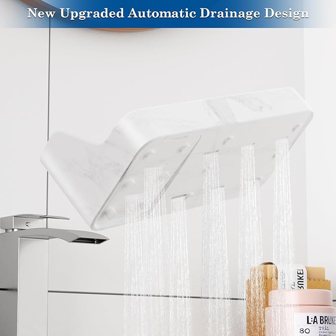 Polinook Marble Bathroom Countertop Organizer - Silicone Bathroom Vanity Countertop Organizer - Tooth Brush Organizer With 2PCS Qtip Holder Dispenser - Toothpaste Holder Drainage - Bathroom Essentials