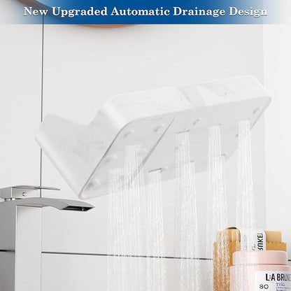 Polinook Marble Bathroom Countertop Organizer - Silicone Bathroom Vanity Countertop Organizer - Tooth Brush Organizer With 2PCS Qtip Holder Dispenser - Toothpaste Holder Drainage - Bathroom Essentials