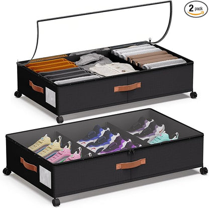 DCET Under Bed Storage with Wheels - Rolling Underbed Containers with PVC Clear Lid & Dividers, 600D Oxford Fabric, PU Leather Handles, Adjustable Magic Tape Partition, XXL 66L,2 Pack (Black)