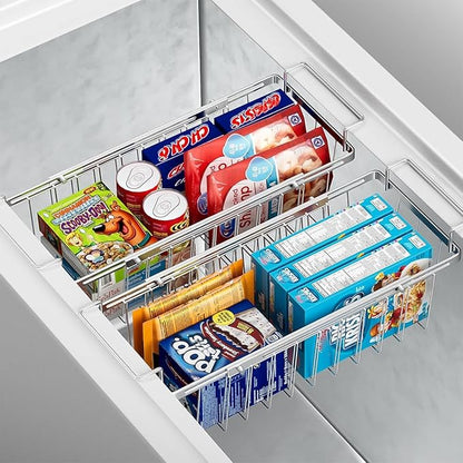 Orgneas Freezer Baskets for Chest Freezer, Capacity Expandable Deep Freezer Organizer Bins Adjustable From 16.5" to 26.5" Stainless Steel Wire Basket Storage with Hanging Handles