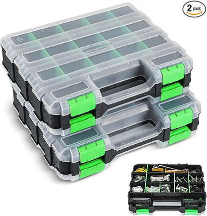 NATGAI 2 Pack Small Parts Organizers, 34-Compartments Double-Sided Tool Box with Removable Dividers for Hardware, Screws, Bolts, Nails & Fishing Accessories, Durable Plastic Storage Case (Green)