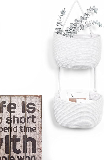 Over The Door Hanging Basket, 2 Tier Cotton Rope Woven Baskets, Magazine Racks, Wall Mount Hanging Storage Baskets,Decorative Door Organizers for Living Room, Bathroom and Bedroom (White)