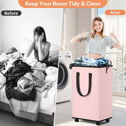 Laundry Basket with Wheels, Collapsible Laundry Baskets, Laundry Hamper with Handles Detachable Wheels, Rolling Laundry Basket, Dirty Clothes Hamper for Bathroom, Dorm, Bedroom, Pink, 100L