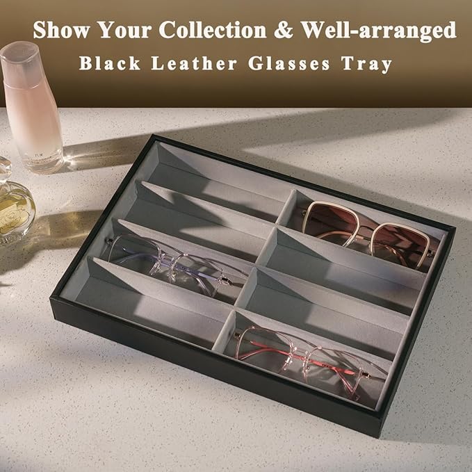 XHMQYC Glasses Holder Box Drawer Sunglass Organizer for Men Clear Wide Storage Case 8 Slots Multiple Reading Glasses Display, Black Leather
