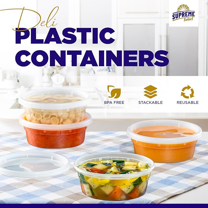 Supreme Deli Plastic Storage Containers with Lids 8oz, 16oz, 32oz [16 sets of each - 48 combo pack] Reusable Food Containers - Microwavable & Freezer friendly - Dishwasher safe - Secure fitting Covers