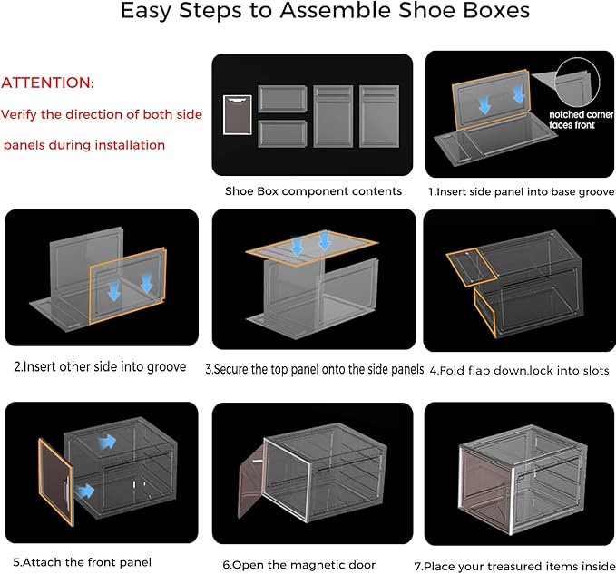 ADTO X-Large Stackable Shoe Boxes - Clear Plastic Shoe Storage Boxes with Magnetic Door, Thicken Shoe Organizer for Closet, Space Saving Foldable Shoe Containers Bins for Sneaker Boot - 8 Pack(White)