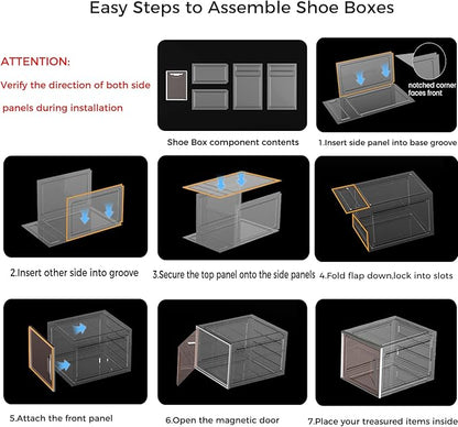 ADTO X-Large Stackable Shoe Boxes - Clear Plastic Shoe Storage Boxes with Magnetic Door, Thicken Shoe Organizer for Closet, Space Saving Foldable Shoe Containers Bins for Sneaker Boot - 8 Pack(White)