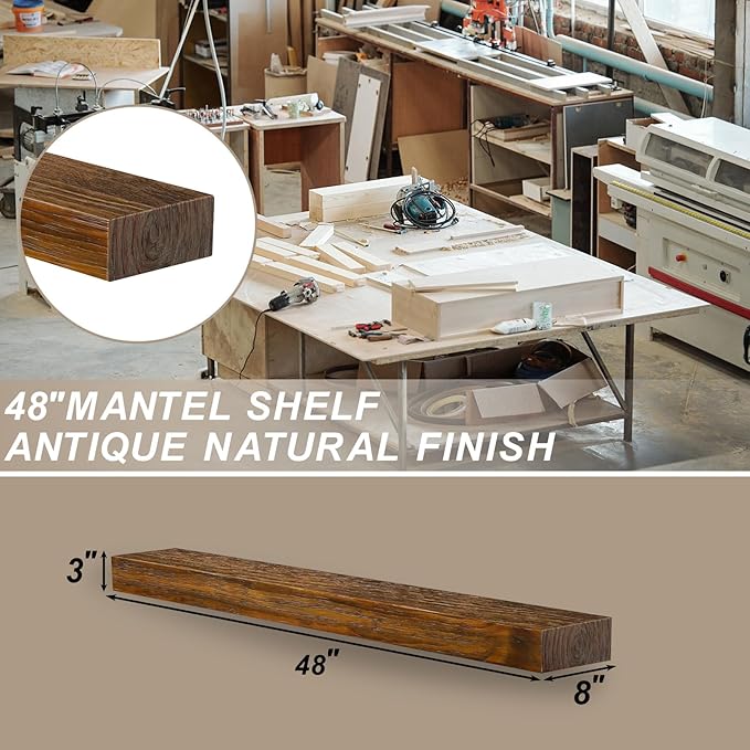 ROOMTEC Fireplace Mantel, Wood Fireplace Shelves with L-Shaped Brackets,Wall Mounted Wooden Shelving,Handcrafted Wood Brack,Mantels Over Fireplace, 48" x 8" x 3"-Dark Chocolate