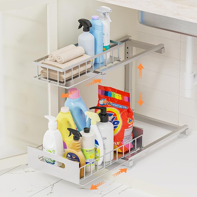 Toyear Under Sink Organizer, Heavy Duty Metal Pull Out Cabinet Organizer Slide Out Sink Shelf Organizer Height Adjustable, Multi-Purpose Storage Shelf for Kitchen Bathroom(Sliver,1Pack)