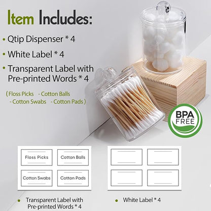 4 Pack Acrylic Qtip Holder Dispenser for Cotton Swabs, Balls, Pads, Floss Picks- Small Clear Plastic Canister Apothecary Jar Set, Bathroom Essentials Accessories Decor, Vanity Makeup Storage Organizer