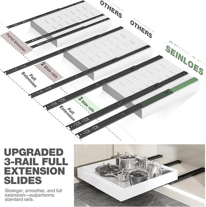 Seinloes 2 Pack Pull Out Cabinet Organizer 19" Deep,Full Extension 3 Slide Rails Slide Out Drawers With Raising Pad for Framed Cabinets,Expandable Width (15.4"-26.2"),No Drill Roll Out shelf,White