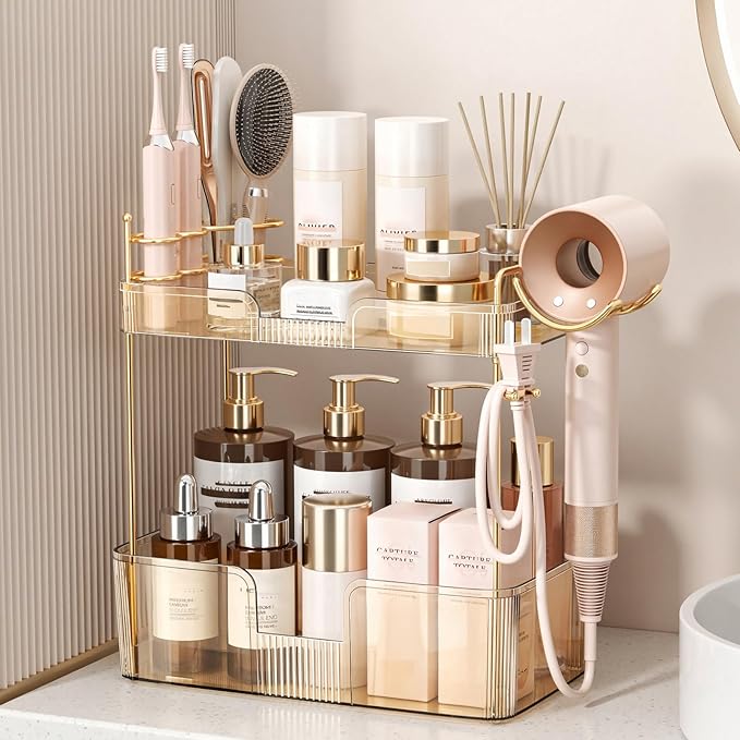 Weidace Bathroom Counter Organizer for Vanity, Makeup Organizer Countertop with Holder, Large Capacity Storage Rack, Perfect Large Skincare, Hair Care, Perfume, Easy to Install (Gold, 2Tiers)