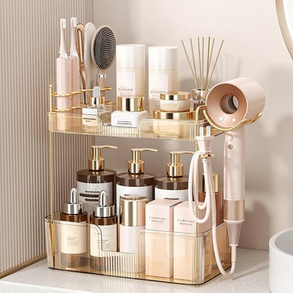 Weidace Bathroom Counter Organizer for Vanity, Makeup Organizer Countertop with Holder, Large Capacity Storage Rack, Perfect Large Skincare, Hair Care, Perfume, Easy to Install (Gold, 2Tiers)