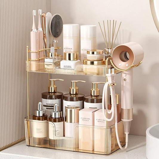 Weidace Bathroom Counter Organizer for Vanity, Makeup Organizer Countertop with Holder, Large Capacity Storage Rack, Perfect Large Skincare, Hair Care, Perfume, Easy to Install (Gold, 2Tiers)