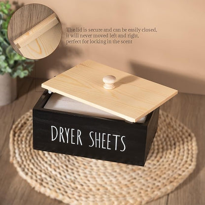 zoocatia Laundry Room Decor Dryer Sheet Container Wood Detergent Dispenser Holder Organization and Storage Box with Lid for Dryer Balls, Laundry Pods, Black