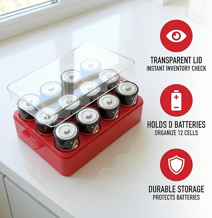 ALCYON Battery Organizer Storage Case, Battery Vault Box Container for 12pcs D Batteries, Plastic Clear Protective Battery Holder for Travelling/Home/Office (Red, Large)