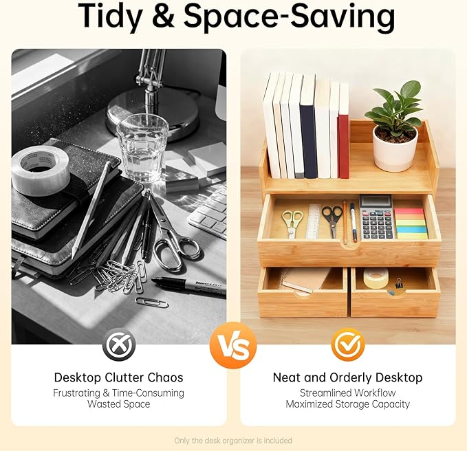 Bamboo Desk Organizer, 100% Original Mini Bamboo Desk Drawer Tabletop Storage Organization Box 3 Drawer Storage Organizer for Office Home Toiletries Supplies No Assembly Required