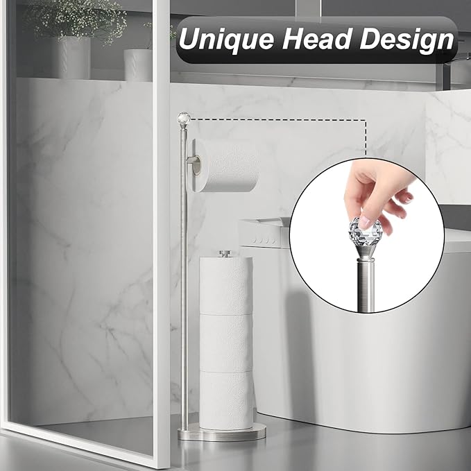Toilet Paper Holder for Bathroom, Heavy Weighted Metal Free Standing Toilet Paper Storage with Crystal Ball, Toilet Paper Stand for Bathroom Accessories, Brushed Nickel [Holds MEGA Rolls]