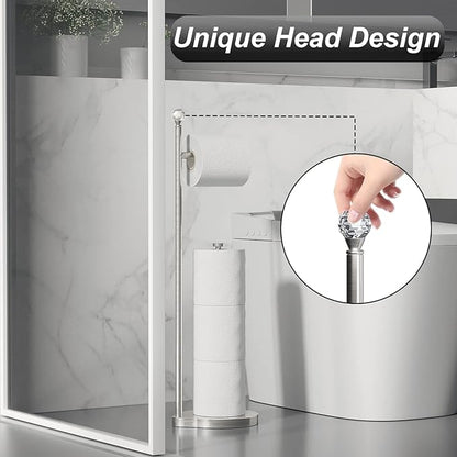 Toilet Paper Holder for Bathroom, Heavy Weighted Metal Free Standing Toilet Paper Storage with Crystal Ball, Toilet Paper Stand for Bathroom Accessories, Brushed Nickel [Holds MEGA Rolls]
