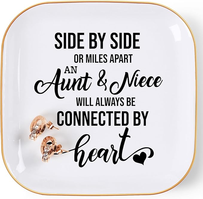 COZITED Aunt & Niece Ring Trinket Dish - Connected By Heart, Birthday Christmas Valentines Mother's Day Gift, White