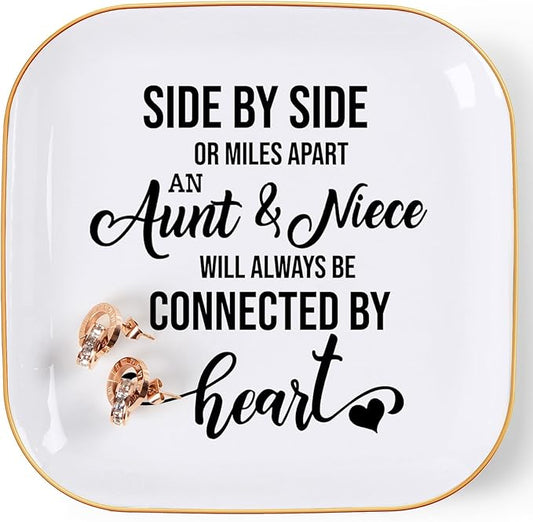 COZITED Aunt & Niece Ring Trinket Dish - Connected By Heart, Birthday Christmas Valentines Mother's Day Gift, White