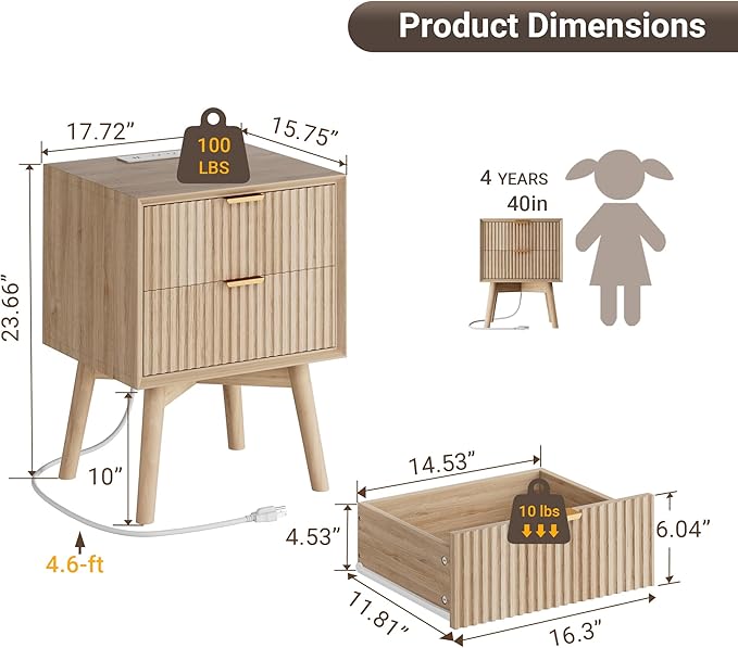 FavourLife Fluted Nightstand, Night Stand Set 2, Modern Nightstands Set of 2 with Beveled Edge & Solid Wood Legs, 2 Drawer End Table with Charging Station, Wooden Bedside Table for Bedroom,Natural Oak