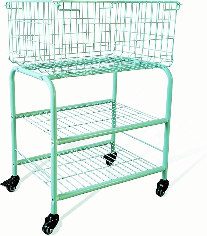 3 layerS rolling wire laundry basket,easy moved laundry cart for clothes,pants laundry. children toys organization cart,metal cart with metal frame,enlarge the storage (MINT)