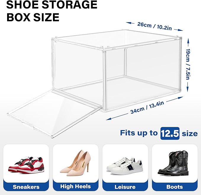 EZJOB 12 Pack Drop Front Shoe Boxes Acrylic Box Sneaker Case Size 12, Transparent Display Cases for Sneaker Collections, Baseball Caps, Hat Organizer Dust-free Shoe Cubbies Stackable Sneaker Boxes
