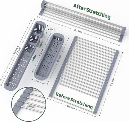 BBXTYLY Stainless Steel Extra Large Gray Drying Rack, Over The Sink, Expandable Roll Up Kitchen Drainer, Includes Removable Utensil Holder (13.6''-25.1'')