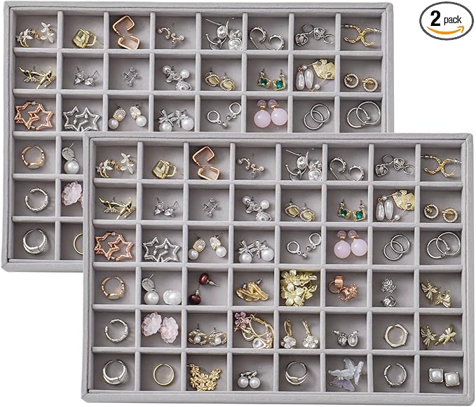 KATISYIO Large Velvet Jewelry Tray 2 Pack Stackable Jewelry Display Drawer Inserts Trays Organizer for Earring Bracelet Necklace Ring (Gray, 48 Grids)