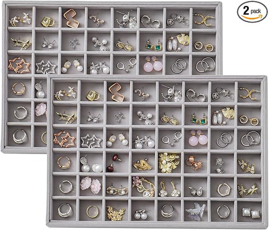 KATISYIO Large Velvet Jewelry Tray 2 Pack Stackable Jewelry Display Drawer Inserts Trays Organizer for Earring Bracelet Necklace Ring (Gray, 48 Grids)
