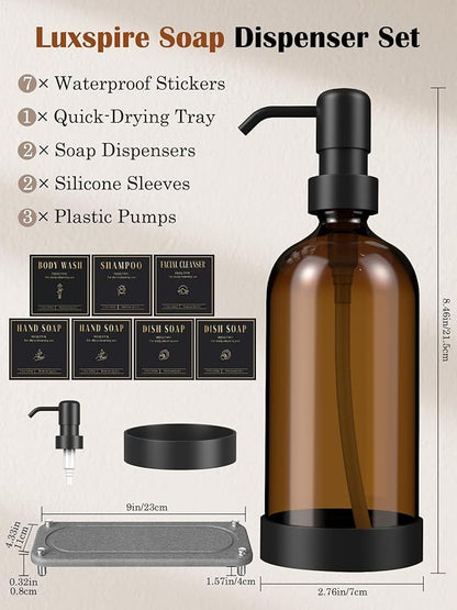 Luxspire Soap Dispenser Set, Hand Soap Dispensers with Fast Drying Tray, 17 oz Glass Refillable Liquid Bottle for Bathroom & Kitchen, Kitchen, 2 Pack, Brown + Dark Gray