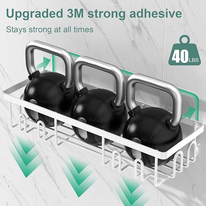 Getsrichfc 2025 New Adhesive Shower Caddy, Shower Shelves with 16 Hooks, White 2 Pack