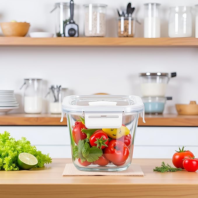 4 Cup Square Glass Food Storage Container with Lids, Square Glass Soup Container with Airtight Lids, 32 OZ Food Prep Bowls for Leftovers, Salad, Microwave、Fridge、Dishwasher Safe (4 Pack)
