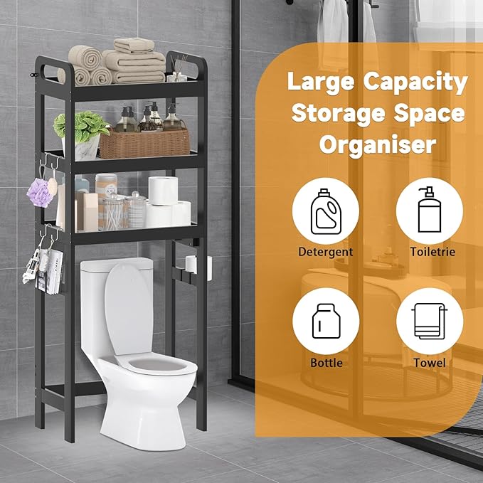 Over The Toilet Storage Shelf, 3 Tiers Space Saver Bathroom Organizer Shelves with Toilet Paper Holder and Hooks, Freestanding Toilet Rack for Washroom Balcony, Black