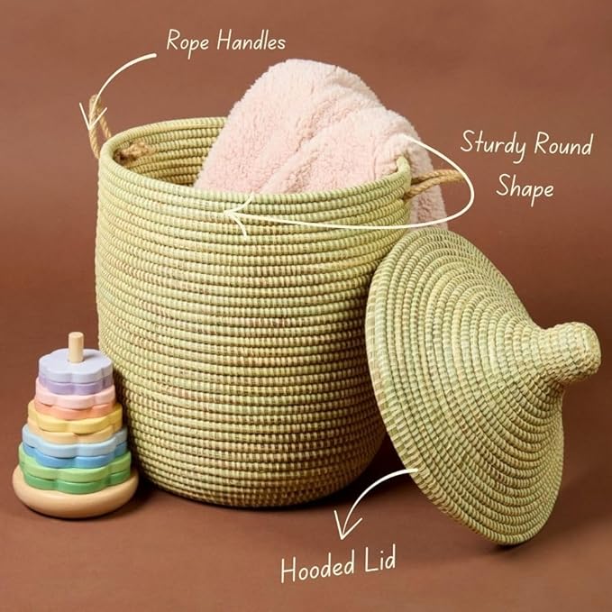 Small Storage Basket, Organizing, Storage, Wicker, Woven, With Lid, Handles, 12" Wide, 14" Tall (Beige)