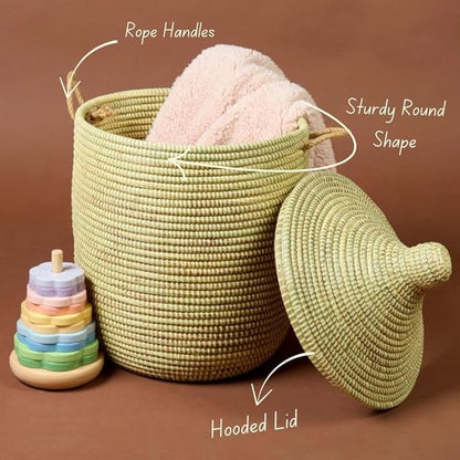 Small Storage Basket, Organizing, Storage, Wicker, Woven, With Lid, Handles, 12" Wide, 14" Tall (Beige)