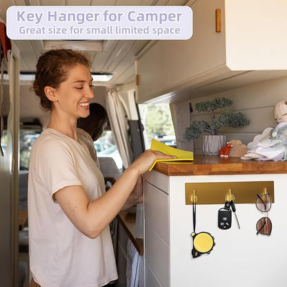 VIS'V Key Holder Wall Mount, Small Metal Self Adhesive Key Hanger with 3 Hooks, No Drilling, Extra Adhesive Strip, Gold