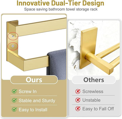 TNOMS Double Towel Bar,Towel Rack for Bathroom Stainless Steel Wall-Mounted Bathroom Hardware Accessories Brushed Gold 32 Inch