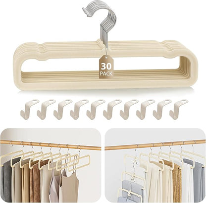 UEAKPIC Velvet Felt Pants Hangers 30 Pack – Heavy Duty Space Saving Clothes Hangers with 360° Swivel Hook, Non-Slip Thin Design for Suits, Shirts, Coats, Dresses – Includes 30 Hooks (Ivory)